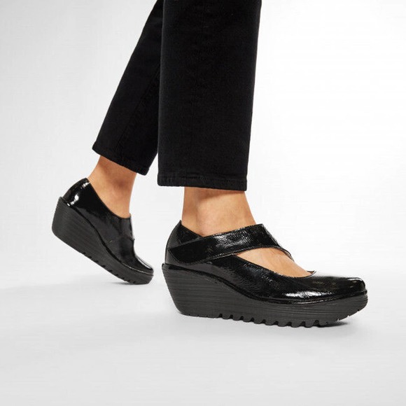 Fly London Shoes - Fly London Yasifly Black Patent Leather Wedge Mary Jane Size 40 US Size 9 - 9.5